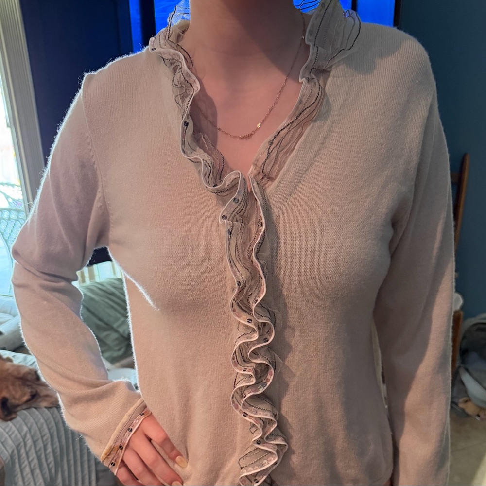 Sigrid Olsen Ivory Cashmere Blend Ruffle Cardigan Sweater Size L